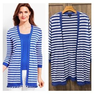 Talbots 2X Natalie Stripe Cardigan Blue White Pom Pom Hem